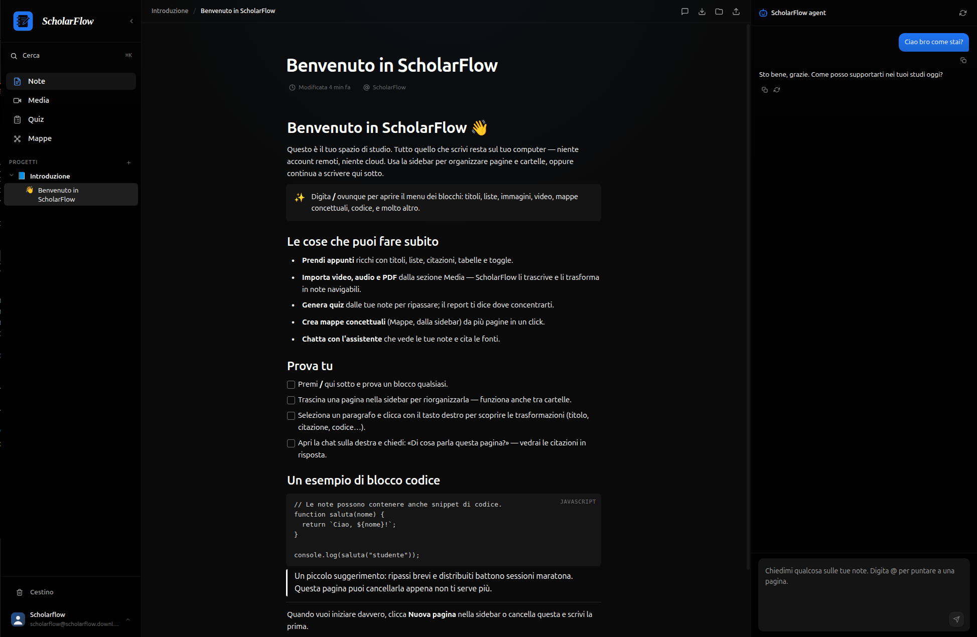 Schermata di ScholarFlow con note, chat e ricerca